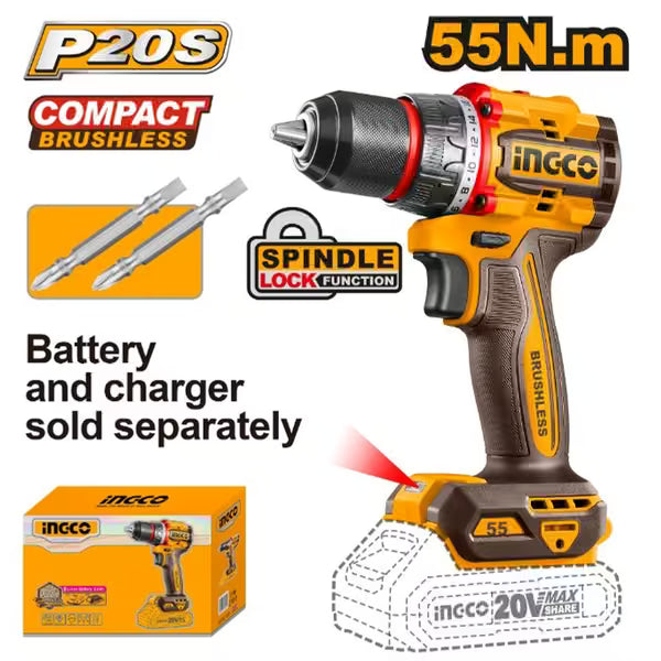 Lithium-Ion 20V Compact Brushless Cordless Drill 55N.m
