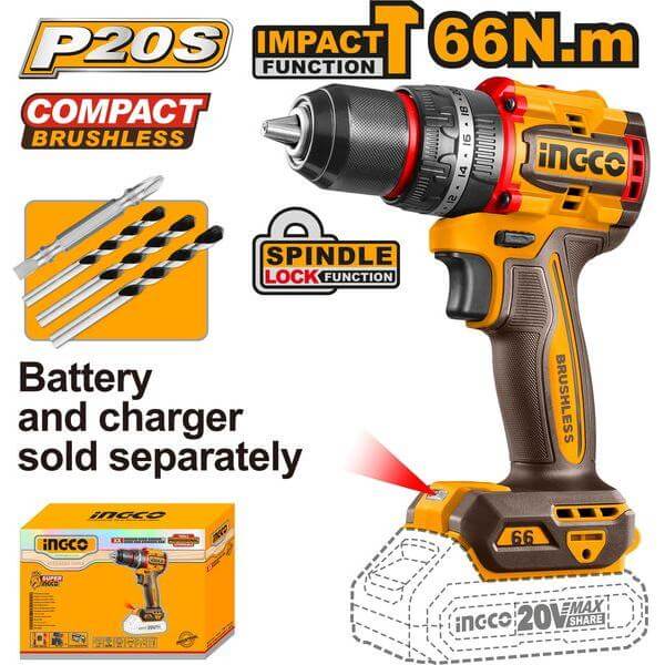 Lithium-Ion 20V Compact Brushless Cordless Impact Drill 66N.m