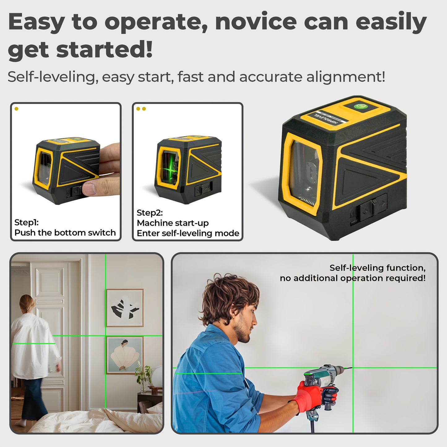 Mini Laser Level, Automatic Leveling Tool, High Precision, High Brightness Cross Line Laser Beam